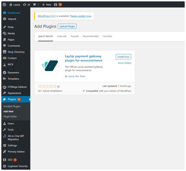 Image of the LayUp Woocommerce integration on the WordPress Plugin directory inside a WordPress backend